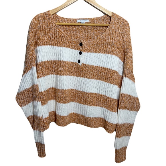 American Eagle Henley Sweater L Oversized Crop Orange White Stripe Drop Shoulder - Picture 1 of 8